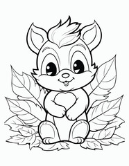 Cute kawaii autumn coloring page for kids with vintage, Nature forest, insects. animals cartoon illustration, Animal autumn coloring book for kids.