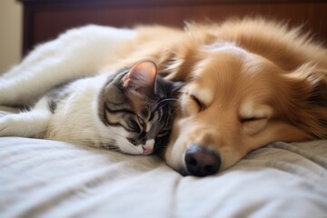 Obraz premium a cat and a dog sleeping together