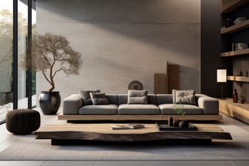 Modern tv living room with couch, new design coffee table and big windows