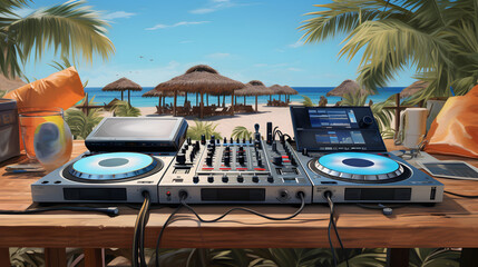 Modern Dj console at the beach party