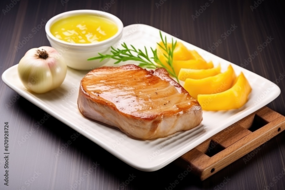 Poster pork chop with a smooth layer of apple sauce on ceramic plate