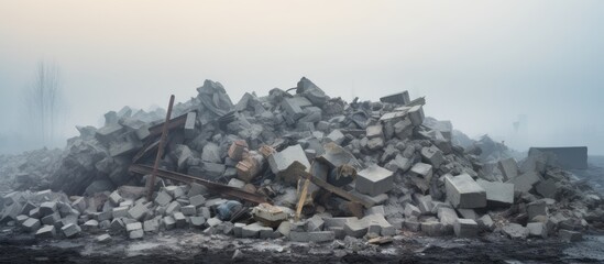 Destroyed building debris piles of stones foggy haze Destruction impact in the background