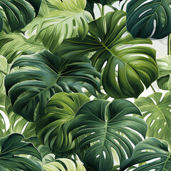 seamless pattern with green monstera leaves on white background. Tropical texture ornament for fabric and textile decoration