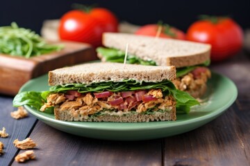 tempeh sandwich with lettuce and tomato on a glass dish