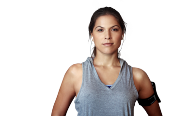 Woman, fitness and portrait, young athlete with health and active isolated on png transparent background. Workout, training and cardio, female model in headshot and exercise, healthy and wellness