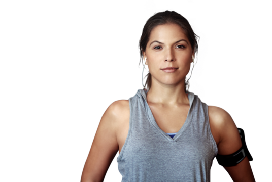 Woman, fitness and portrait, young athlete with health and active isolated on png transparent background. Workout, training and cardio, female model in headshot and exercise, healthy and wellness