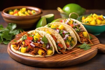 bbq jackfruit tacos served with fresh mango salsa - obrazy, fototapety, plakaty
