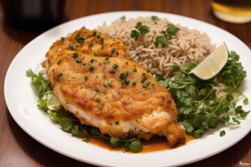Chicken tanduri. Delicious chicken meal with rice, vegetables and sauce on a white plate. Generative AI