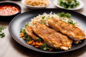 Chicken tanduri. Delicious chicken meal with rice, vegetables and sauce on a white plate. Generative AI