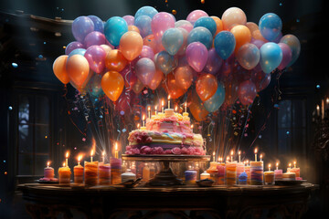 illustration of a Chocolate birthday cake with buttercream icing, candles and colorful balloons on a dark background.