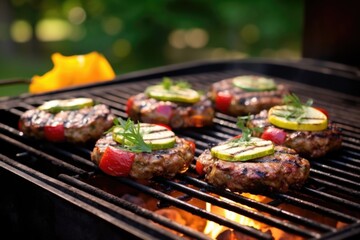 veggie burgers grilling on a charcoal barbecue