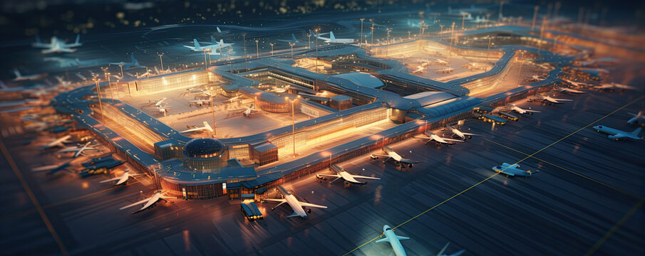 Commercial futuristic airport from top view. Night scene of aircrafts in airport.