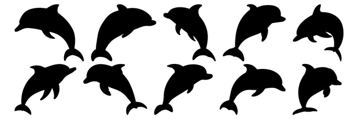 Dolphin silhouettes set, large pack of vector silhouette design, isolated white background