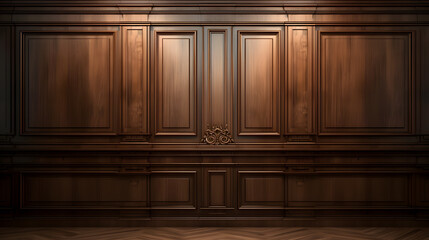 Luxury wood paneling background or texture. highly crafted classic or traditional wood paneling, with a frame pattern, often seen in courtrooms, premium hotels, and law offices. .