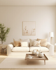 fresh contemporary living room, minimal interior, white furniture, white couch, in the style of cottagecore, beige, generative AI