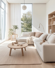 Fototapeta premium fresh contemporary living room, minimal interior, white furniture, white couch, in the style of cottagecore, beige, generative AI