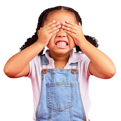 Child, hands and eyes cover with angry, mad or stubborn facial expression. Girl, kid and youth hiding face in tantrum, autism or adhd isolated on a transparent png background for a behavior problem