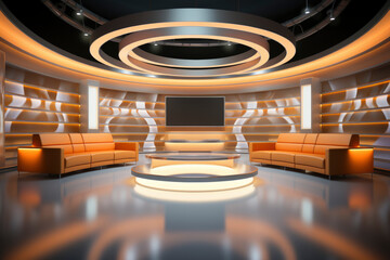 Warm orange interior of television studio ready for work - obrazy, fototapety, plakaty