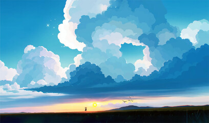 anime art of person beautiful blue key with cloud and moon original illustration