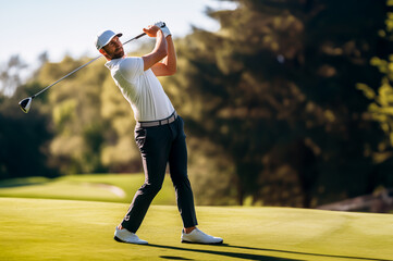 Male Golfer on a golf course. Concept of the golf. Shallow field of view.