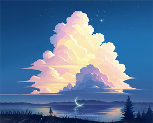 anime art of person beautiful blue key with cloud and moon original illustration