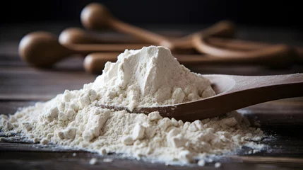 Gordijnen Scoop with whey protein powder. Sport food supplement and gym diet © Planetz