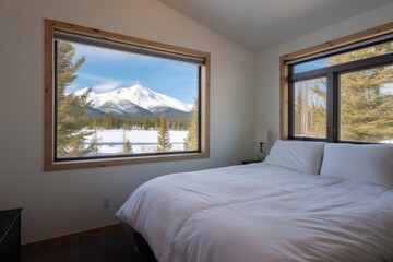 large bedroom window in a cabin offering snow-capped views