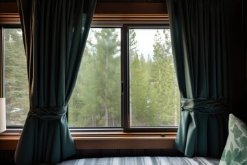 glass window in the cabin with curtain details