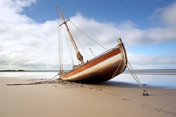bilge keel sailing boat beached on white sand