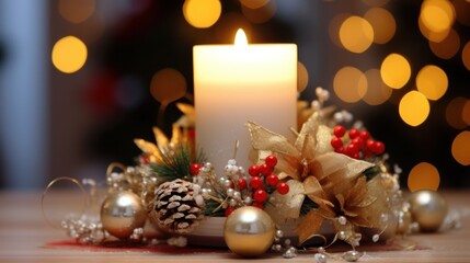 Fototapeta na wymiar Christmas Centerpiece with Glowing Candlelight
