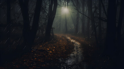 Spooky trail through a haunted woods with glowing moon and fogy in forest