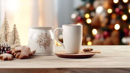 Fototapeta premium Christmas Coffee Cup with Milk Jug and Decorations on Chopping Board - Perfect Hot Drink for Refreshment and Freshness!