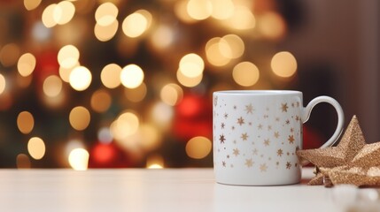 Fototapeta premium Christmas Coffee Mug Mockup on Wooden Table Background for Creative Advertising