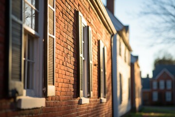 close-up shot of a brick facade with a saltbox house silhouette in the background