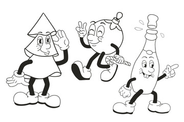 Set of black and white Christmas cartoon characters. Funny vintage childish christmas decoration with faces. Winter holiday old retro illustrations