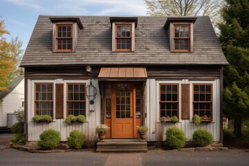 Fototapeta na wymiar saltbox style property with carved wooden shutters