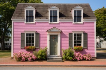 Fototapeta na wymiar pink shutters on a charming saltbox house