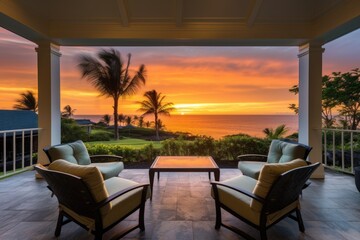Fototapeta premium shingle home patio overlooking the sunset over the sea