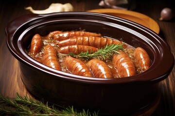 sausages in a slow cooker bathed in sauce