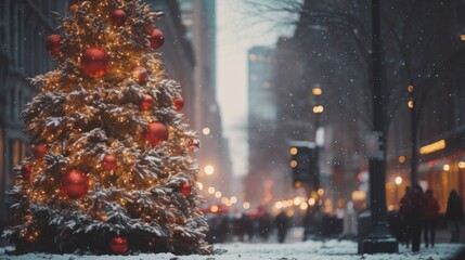 Obraz premium Winter Scene in Downtown Chicago with Michigan Ave Shopping and Lake Views during the Holidays