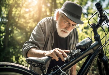 Senior man repair electric bike in summer day. Protection of vehicle machinery activity. Generate Ai