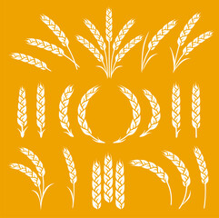 Hand drawn wheat ears, oats, rye grain spikes with leaves set icons silhouette - 670931507