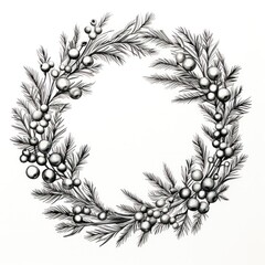 Hand-Drawn Black and White Christmas Wreath Illustration Featuring Berries and Twigs Ink Drawing