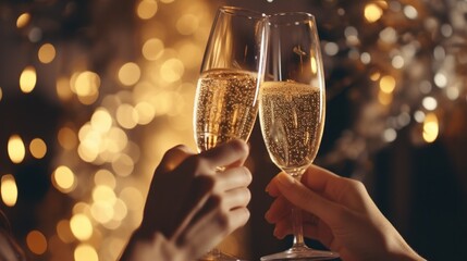 Holiday Toasting with  Champagne Glasses: Celebrate Christmas with Cheering Congratulation and Wine - obrazy, fototapety, plakaty