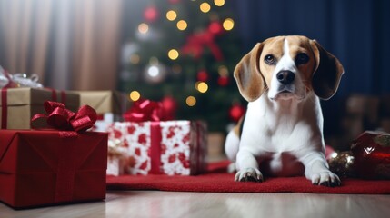 Lonely Beagle with Christmas Gifts on Carpet in Front of Tree and Fireplace