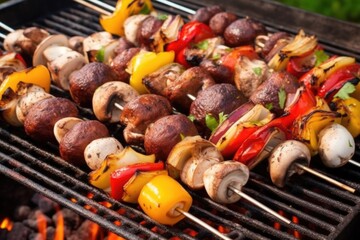 metal skewers with assorted mushrooms on a charcoal grill