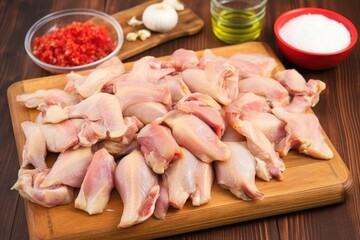 uncooked chicken wings in spicy chili marinade, on a wooden board