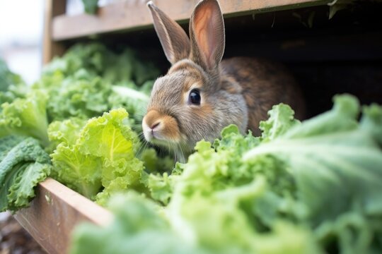 rabbit nibbling on winter greens in a hutch