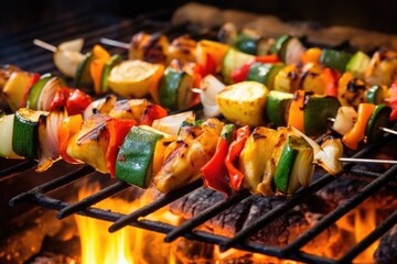 vegetable-filled skewers flipped with steel tongs over flaming grill