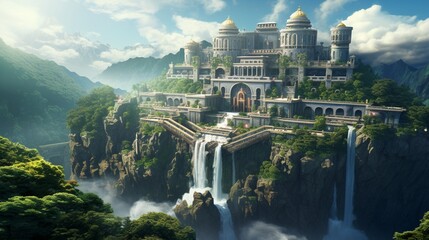 an isometric anime castle nestled on the edge of a cascading waterfall, surrounded by lush, terraced gardens and misty mountain peaks, as if captured by an HD camera. - obrazy, fototapety, plakaty